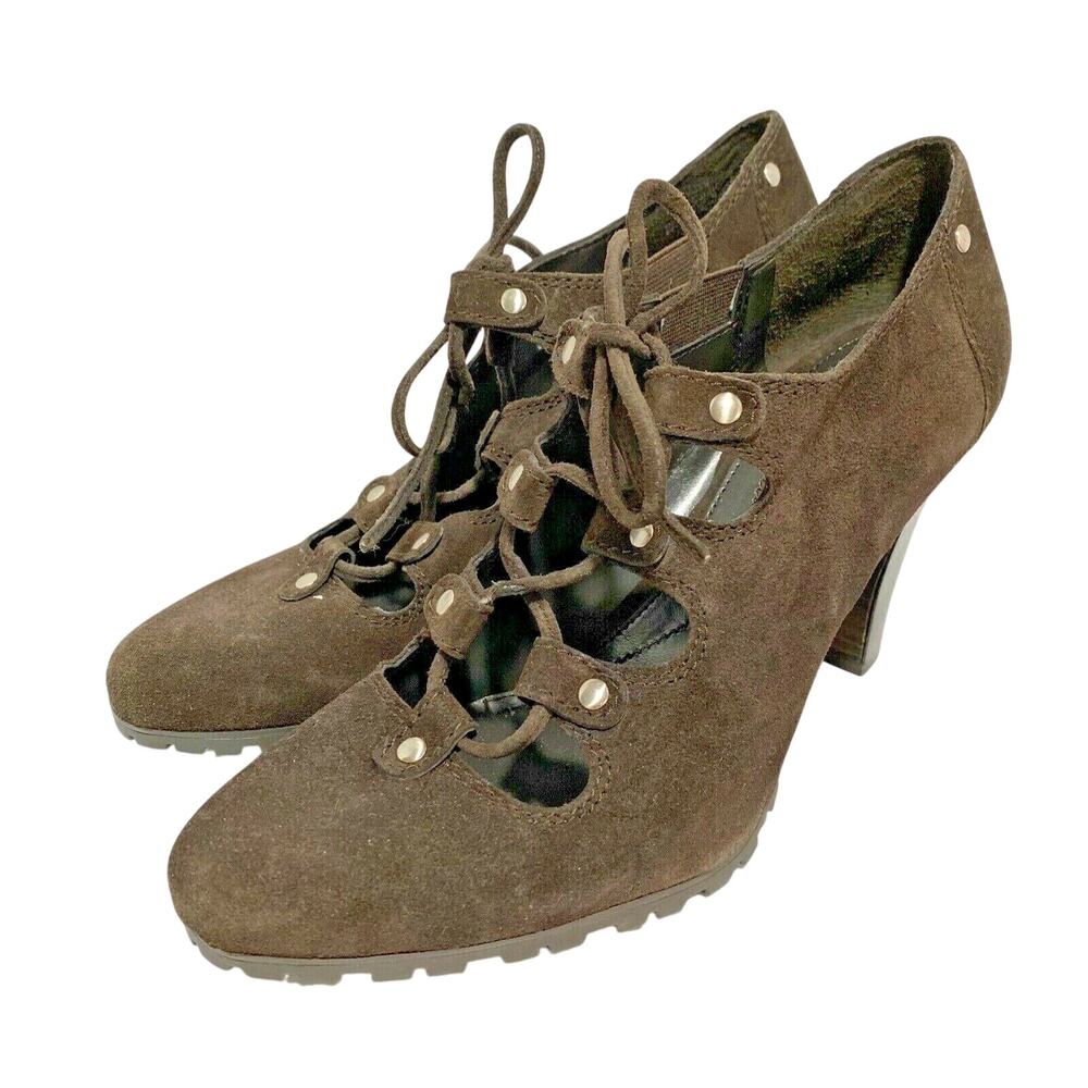 Enzo Angiolini brown suede lace up high heels Ghillies tire tread soles US 8.5M